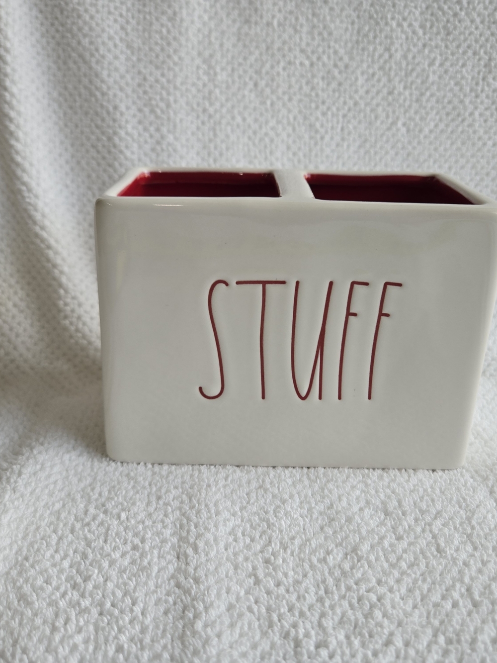 Ceramic 'STUFF' Dual Utensil Holder - White with Red Interior
